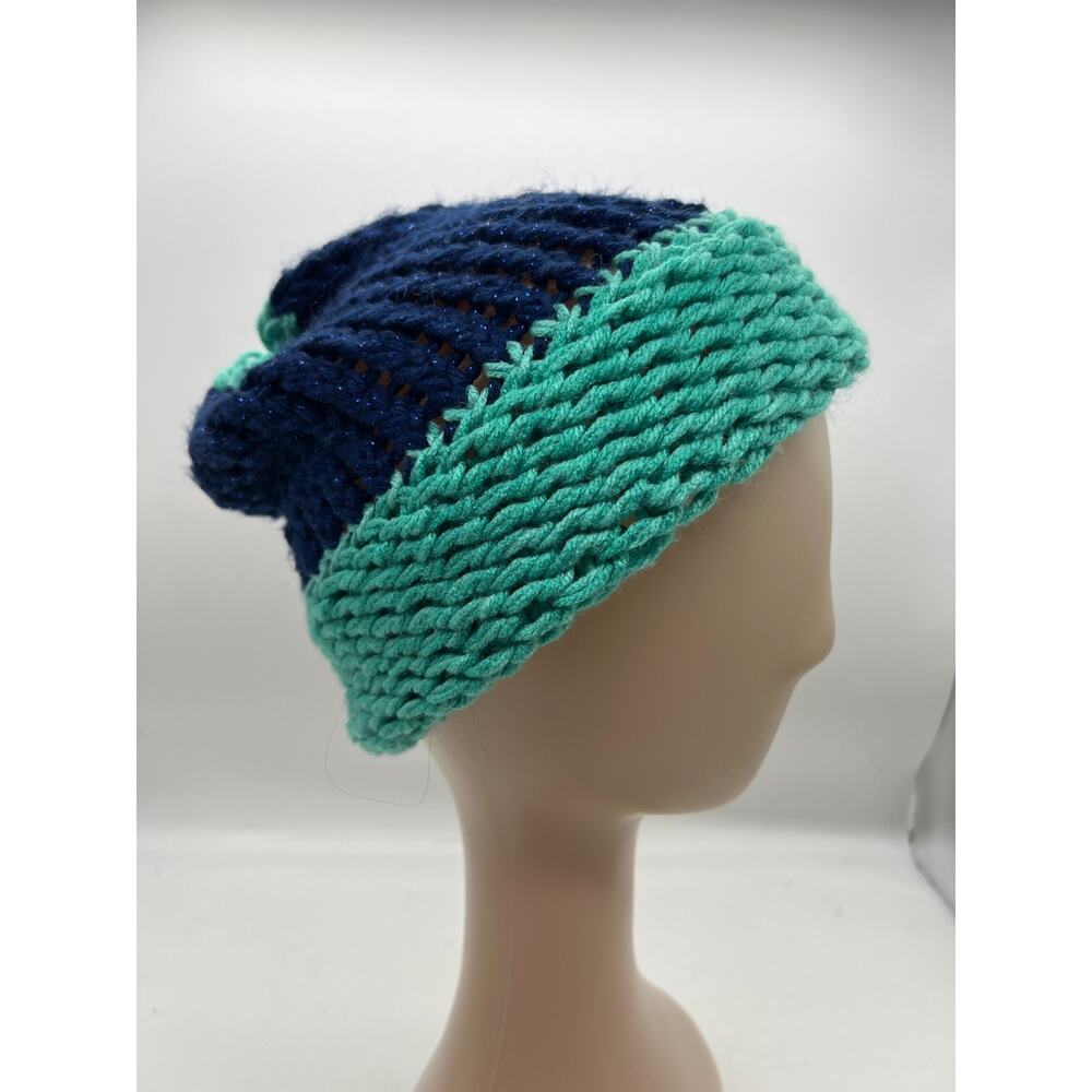 Knit Woven Chunky Metallic Blue Green Winter Hat‎ Boho Outdoors X-Small